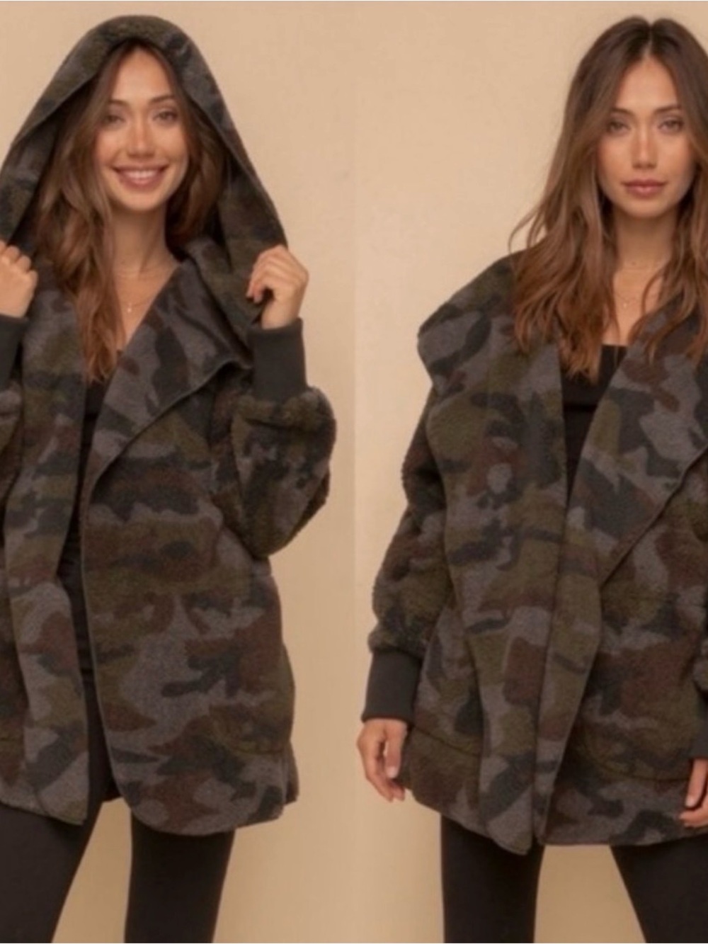 Hem & Thread Camo Hooded Sherpa Jacket - Olive/Gray/Brown One Size Fits Most - Picture 3 of 7